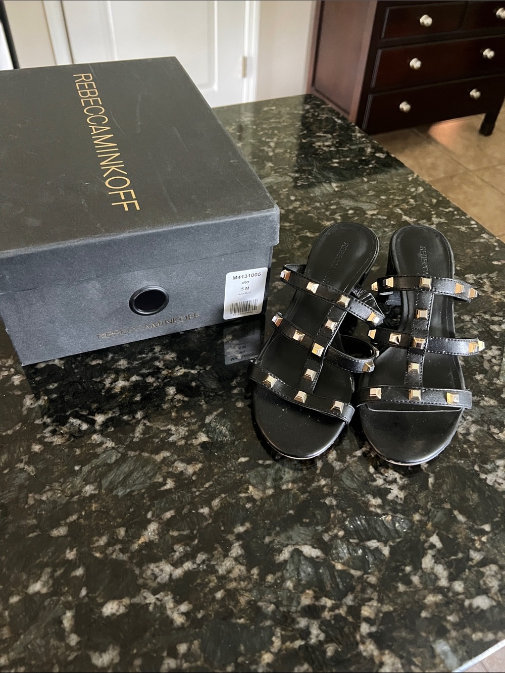 Rebecca Minkoff Black Leather Multi-Strap Slide Sandals with Gold Studs size 5